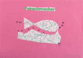 Ladik Katalin: Feinschmecker, 1975, hang, kollázs, papír, 33 x 45 cm