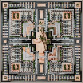 Tarr Hajnalka: In Vitro I., 2019, giclée print, üveg mozaik, kollázs Dibondra kasírozva, 92 x 92 cm
