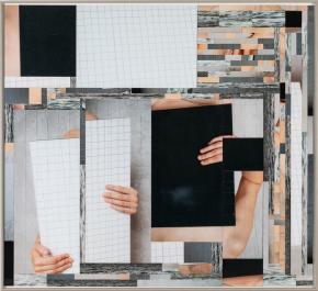 Tarr Hajnalka: In Vitro III., 2019, giclée print, üveg mozaik, kollázs Dibondra kasírozva, 86 x 79 cm
