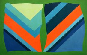 Pinczehelyi Sándor: Kék, zöld, narancs (Két ikerforma), 1969, olaj, farostlemez, 80 x 125 cm