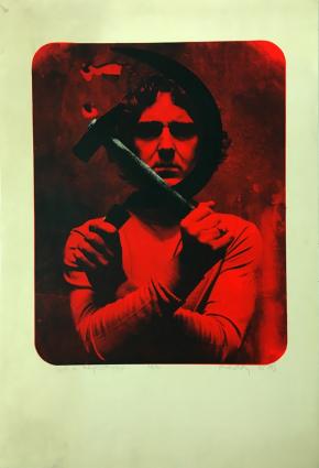 Pinczehelyi Sándor: Sarló és kalapács, 1973, szitanyomat, papír, 86 x 95 cm